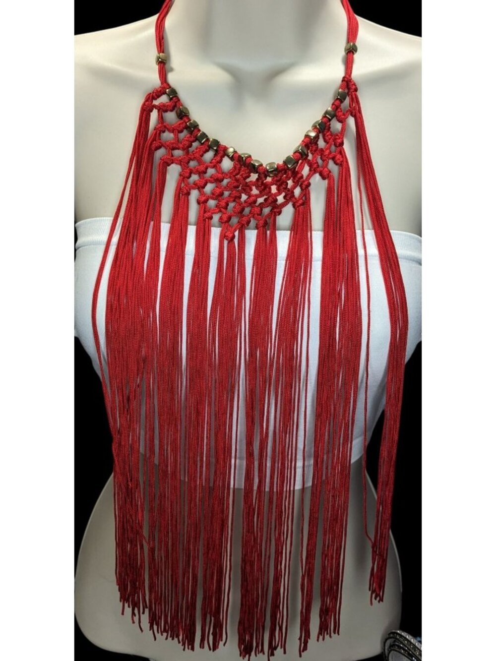 Boho Festival Fringe Red Macrame Statement Bib Necklace Gold Tone Beads